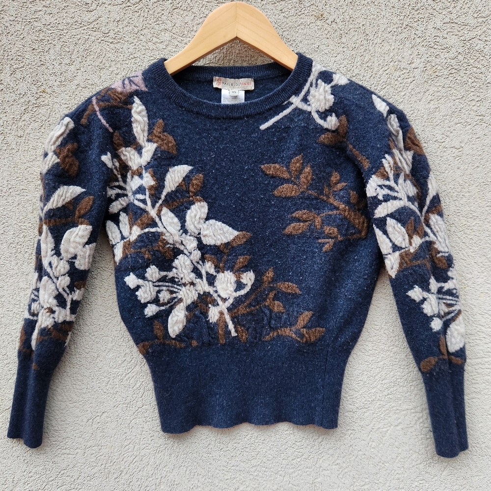 PAUL JOE SISTER Womens Sweater Extra Small Blue Floral Embroidered Knit Wool Vtg - Picture 1 of 9